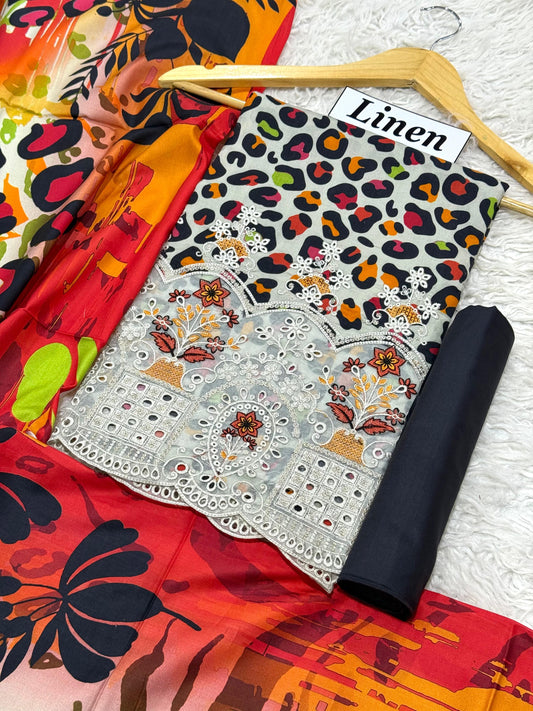 LINEN 3pc  Embroidered -DN 05