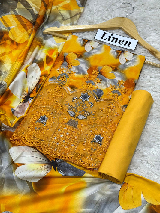LINEN 3pc  Embroidered -DN-07